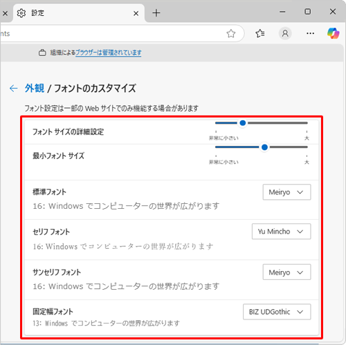 「フォントのカスタマイズ」をクリックすると、文字サイズのより詳細な設定や、フォントの変更を行うことができます