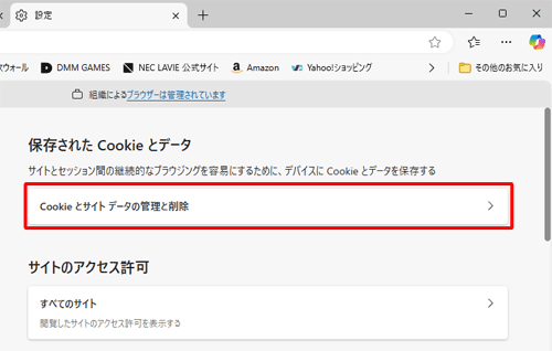 「保存されたCookieとデータ」欄から「Cookieとサイトデータの管理と削除」をクリックします
