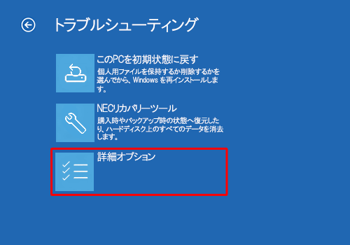 「詳細オプション」を選択し、「Enter」キーを押します