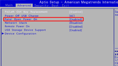 キーボードの矢印キー（↑、↓）を使用して「Panel Open Power On（カバー開閉による起動）」を選択し、「Enter」キーを押します