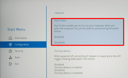キーボードの矢印キー（←、→）または（↑、↓）を使用して「Flip to Start（開けて起動） / Flip to Boot（開けて起動）」を選択し、「Enter」キーを押します
