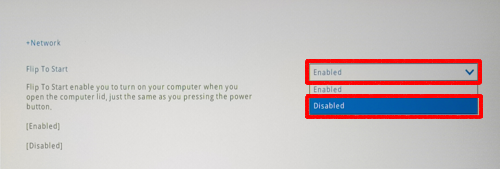 キーボードの矢印キー（↑、↓）を使用して「Disabled（無効）」を選択し、「Enter」キーを押します