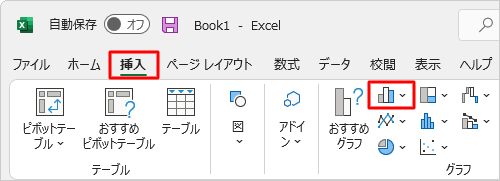 「挿入」タブをクリックし、「グラフ」グループから「縦棒/横棒グラフの挿入」をクリックします