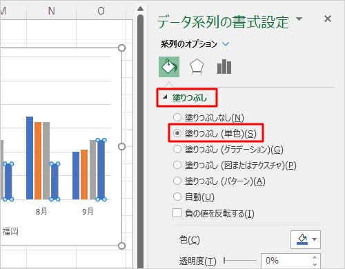 「塗りつぶし」をクリックし、「塗りつぶし（単色）」をクリックします
