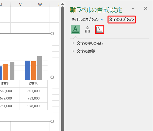「文字のオプション」をクリックして、「テキストボックス」をクリックします