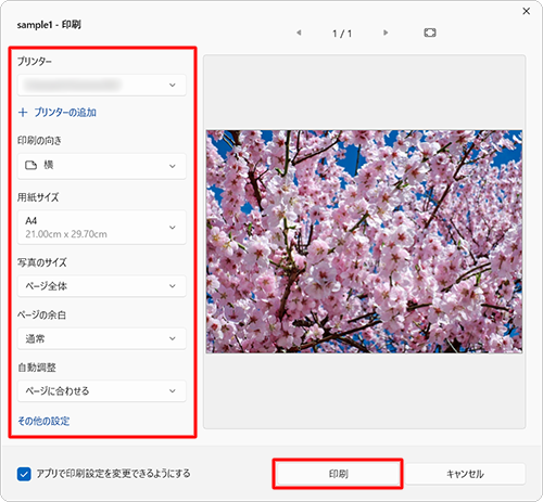 以下の各項目を必要に応じて設定し、「印刷」をクリックします