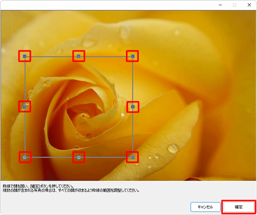 写真の辺のハンドル（■）をドラッグして大きさを調整し、「確定」をクリックします