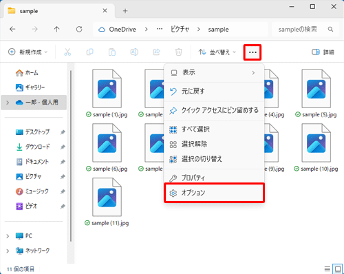 「アイコン」（もっと見る）をクリックし、表示された一覧から「オプション」をクリックします