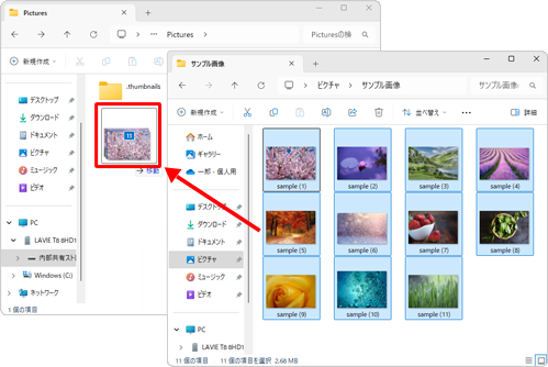 手順6で表示したフォルダーに、選択したファイルをドラッグ&ドロップします