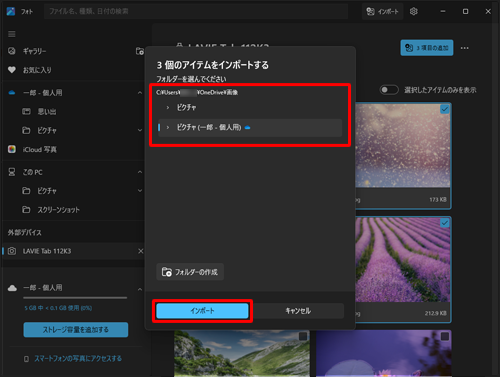 表示されている保存場所を確認し、「インポート」をクリックします