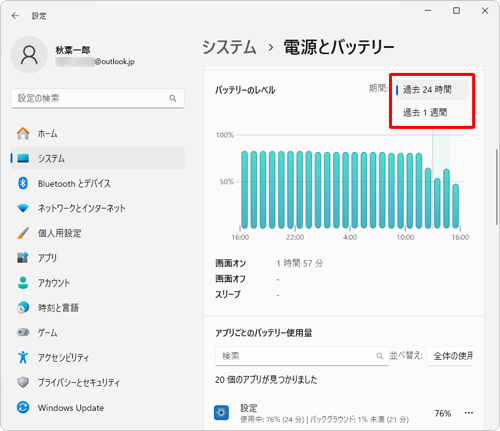 「バッテリーのレベル」の右横にあるボックスからバッテリーの使用割合を表示する期間を、「過去24時間」と「過去1週間」で切り替えることができます