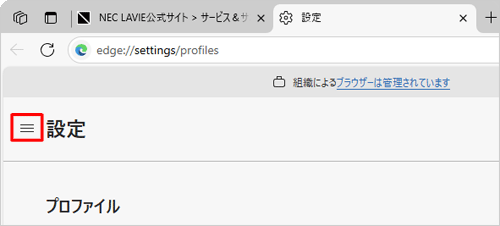 項目が表示されていない場合は、設定の左側にある「アイコン」（設定メニュー）をクリックしてください