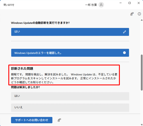 「診断された問題」という画面が表示されます