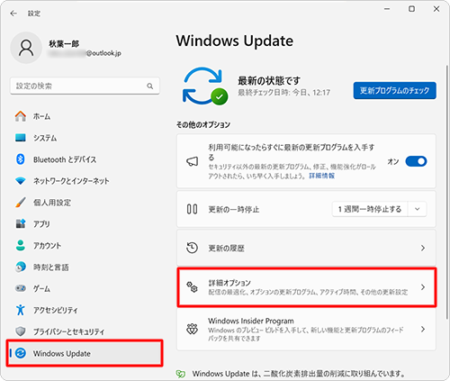 画面左側から「Windows Update」をクリックし、「その他のオプション」欄から「詳細オプション」をクリックします