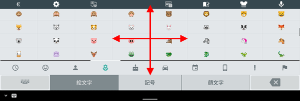 「絵文字/記号/顔文字」入力は、上下左右にスクロールするとさまざまな文字や記号などが表示されます