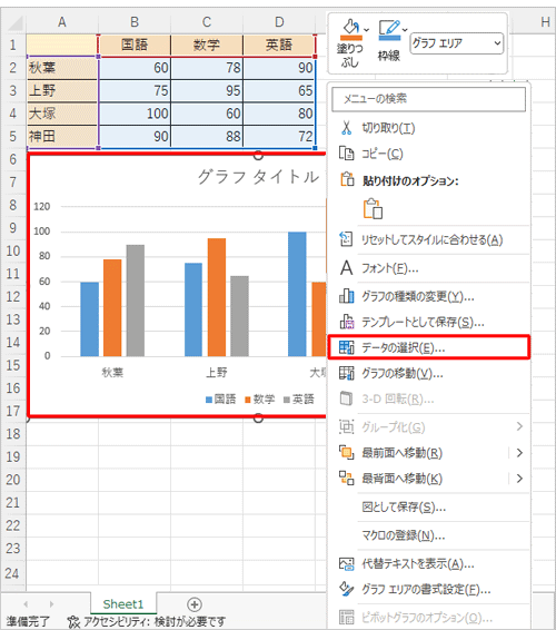 「集合縦棒」グラフの空白部分を右クリックし、表示された一覧から「データの選択」をクリックします