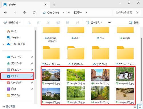 「ピクチャ」をクリックし、「ピクチャ」フォルダーに追加したい写真を保存します