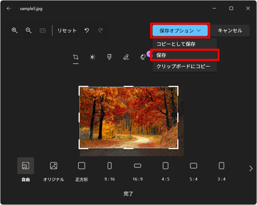 元の画像に上書きして保存する場合は、「保存オプション」をクリックして「保存」をクリックします