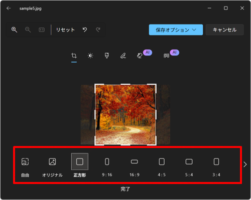 画面下部から「自由」をクリックして、表示された一覧から任意の項目をクリックすることで、選択した比率で画像をトリミングすることができます