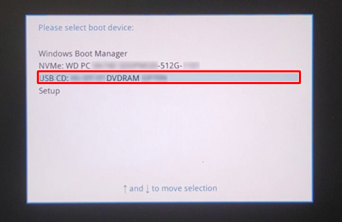 キーボードの矢印キー「↑」「↓」で再セットアップメディアのデバイス名を選択し、「Enter」キーを押します