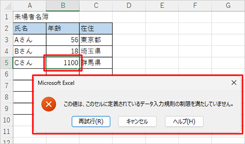 入力した文字数が制限を超えると、「入力した値は正しくありません。…」というメッセージが表示されます