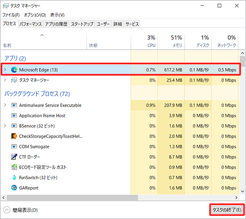 終了したいアプリをクリックし、「タスクの終了」をクリックします