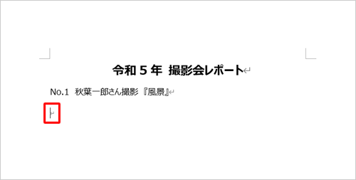 任意のファイルを表示し、写真を挿入したい場所にカーソルを移動します