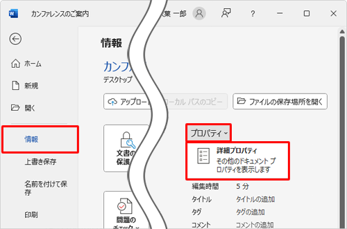 「情報」をクリックし、「プロパティ」をクリックし、「詳細プロパティ」をクリックします