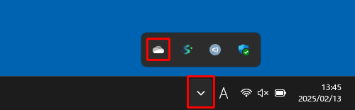 「アイコン」（OneDrive）が表示されていない場合は、タスクバーの通知領域の「アイコン」（隠れているインジケーターを表示します）をクリックし、表示されたメニューから「OneDrive」をクリックします