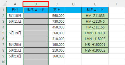 列全体を選択したい場合は、列のアルファベットをクリックします