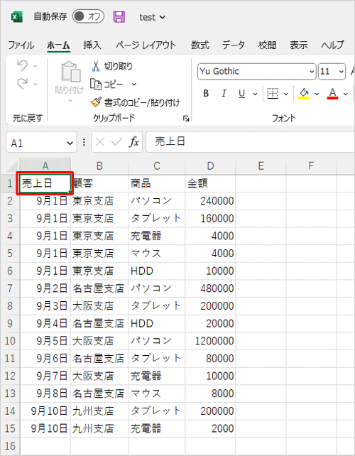 ピボットテーブルの元になる表を表示し、表内の任意のセルをクリックします
