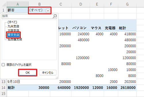 ピボットテーブル内のドロップダウンリストから、任意の項目をクリックして「OK」をクリックすると、表の内容や集計結果が自動で切り替わります