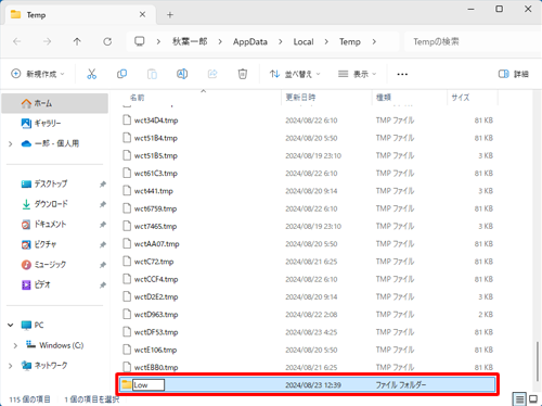 フォルダー名に「Low」と入力し、「Enter」キーを押します
