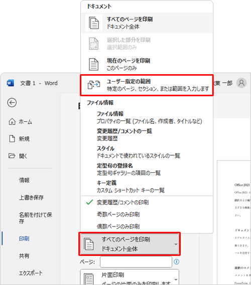 「設定」欄から「すべてのページを印刷」ボックスをクリックし、表示された一覧から「ユーザー指定の範囲」をクリックします