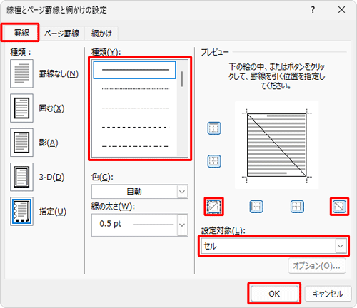 「罫線」タブをクリックし、以下の項目を指定して「OK」をクリックします