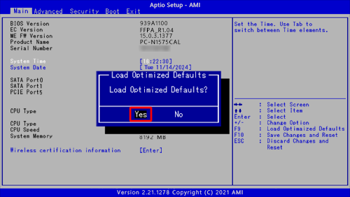 「Load Optimized Defaults？（デフォルト値をロードしますか？）」というメッセージが表示されたら、キーボードの矢印キー「←」「→」を使用して「Yes（はい）」を選択し、「Enter」キーを押します