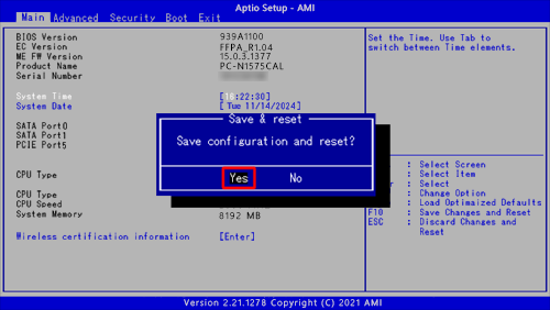 「Save configuration and reset？（設定の変更を保存して終了しますか？）」というメッセージが表示されたら、キーボードの矢印キー「←」「→」を使用して「Yes（はい）」を選択し、「Enter」キーを押します