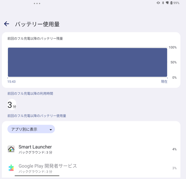 バッテリ使用量のグラフや、使用量の内訳を確認することができます