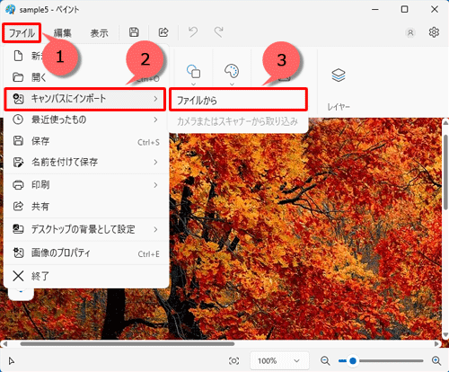 画面上部の「ファイル」をクリックし、「キャンバスにインポート」をクリックしてから、「ファイルから」をクリックします