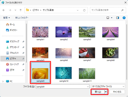ファイルの一覧から、挿入したい画像ファイルをクリックし、「開く」をクリックします