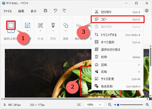 画面上部のメニューから「アイコン」（選択）をクリックし、コピーしたい部分をドラッグして、選択した範囲を右クリックし、表示された一覧から「コピー」をクリックします