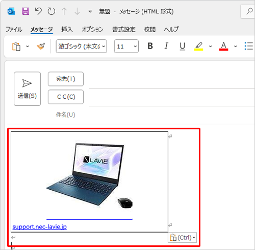 コレクションのコンテンツが、メールの本文内にコピーされたことを確認します