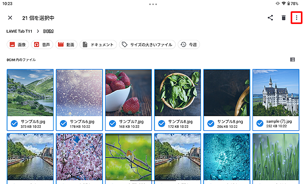 ファイルがすべて選択されたことを確認し、画面右上の「アイコン」（その他のオプション）をタップします
