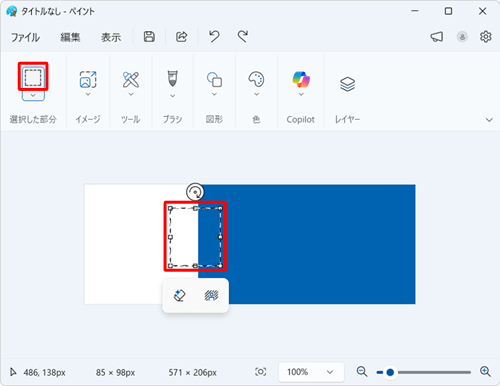 「選択した部分」グループから「アイコン」（選択）をクリックして、削除したい部分をドラッグして範囲選択します