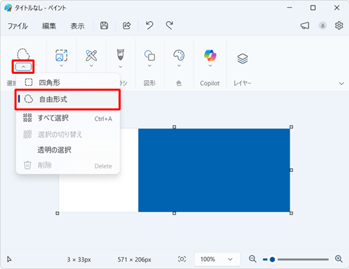 「選択した部分」グループから「アイコン」（選択）をクリックして、表示された一覧から「自由形式」をクリックします