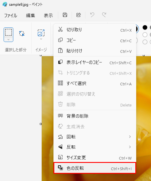 画像の上で右クリックし、表示された一覧から「色の反転」をクリックします