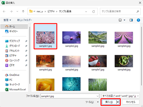 カレンダーに配置したいファイルが保存されているフォルダーを表示し、希望する画像ファイルをクリックして「挿入」をクリックします