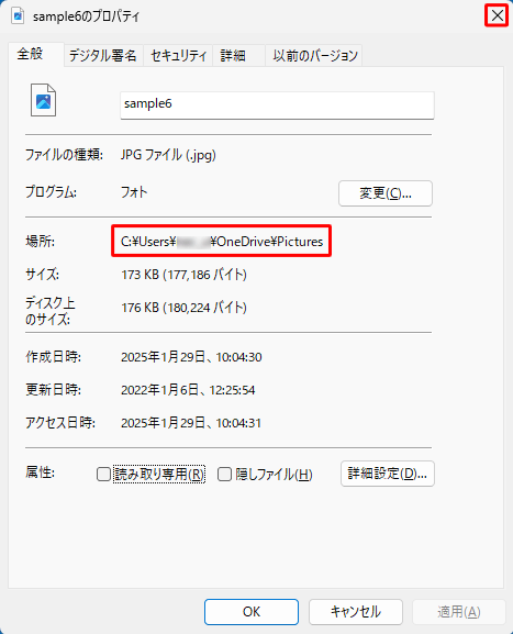 「場所」に、ファイルが保存されているパスが表示されるので確認し、完了したら画面右上の「×」（閉じる）をクリックして画面を閉じます