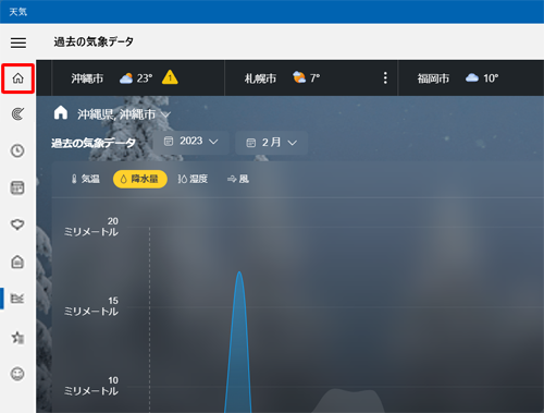 画面を天気予報の表示に戻すには、画面左上の「アイコン」（天気予報）をクリックします