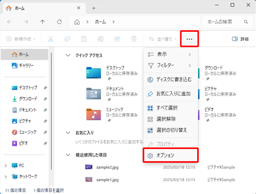 画面上部の「アイコン」（もっと見る）をクリックし、表示された一覧から「オプション」をクリックします